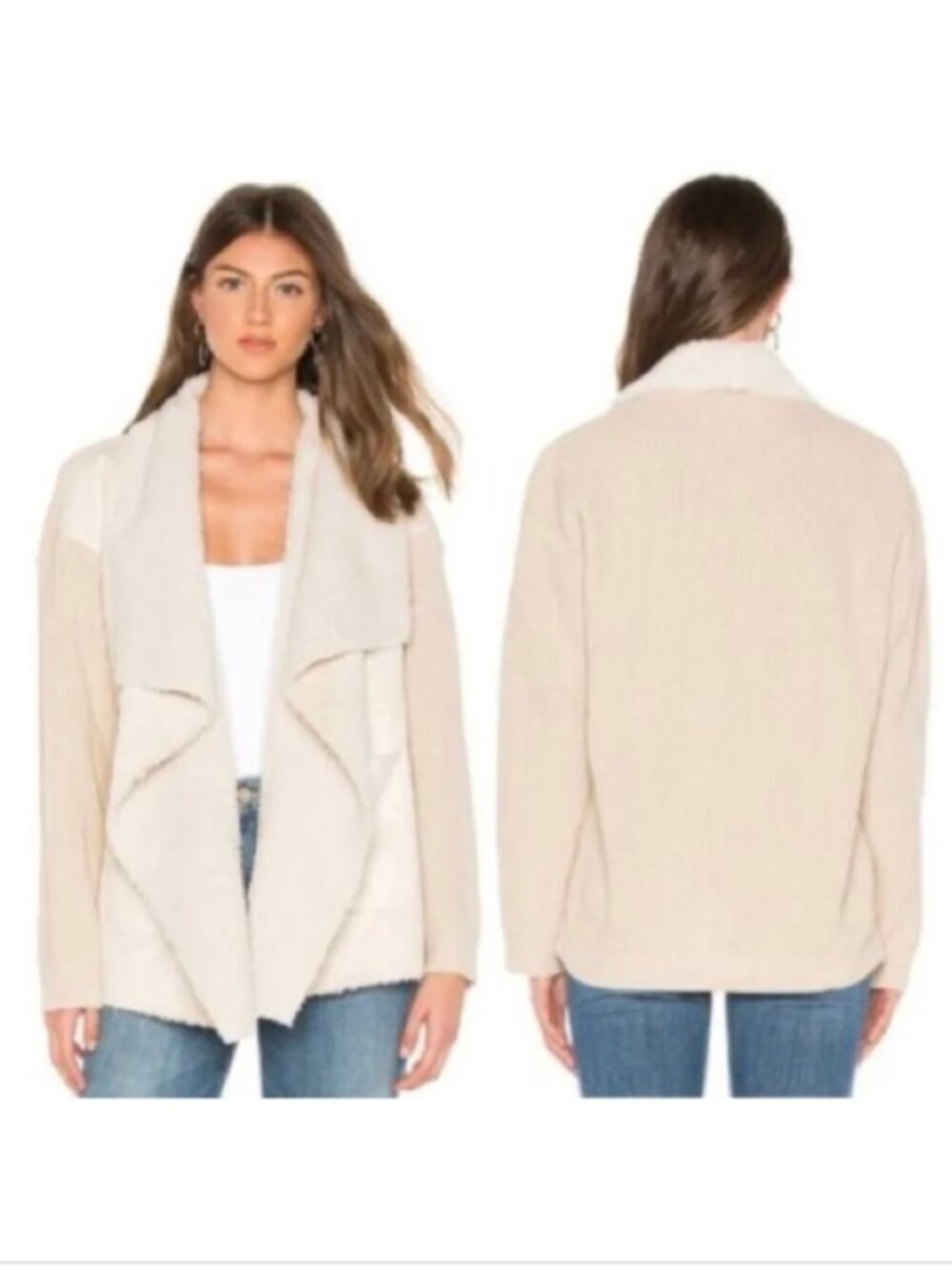 John + Jenn Sienna Plush Open-Front Cream Faux-Shearling Wrap Cardigan, size XS